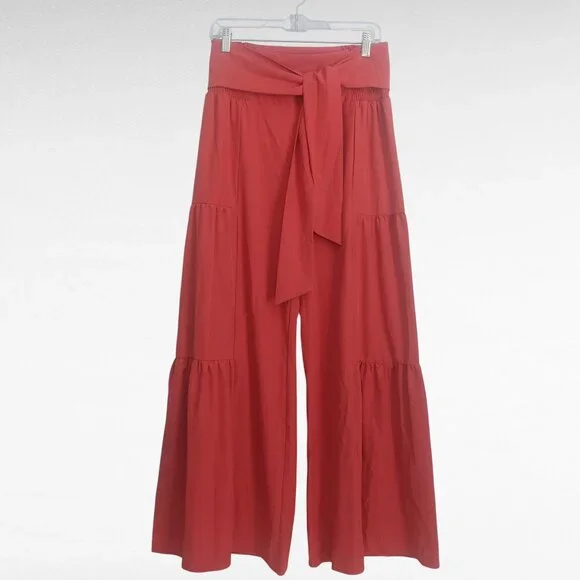 HALARA Pants High Rise Wide Leg M Orange Tiered Belted NWT Vacation Resort - Picture 6 of 11